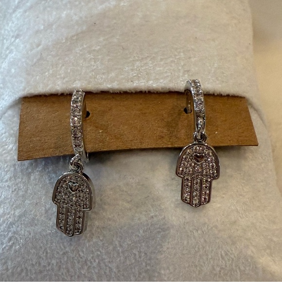 Stainless Steel CZ Hamsa Hoop Earrings Silver-Tone Dangle Protection Charms NWT - Picture 5 of 8